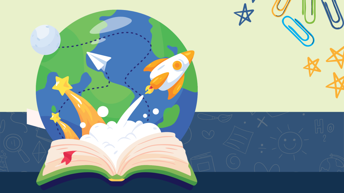 Graphic image of earth coming out of a book with a rocket. Stars, paper clips and other education related graphics are shown.