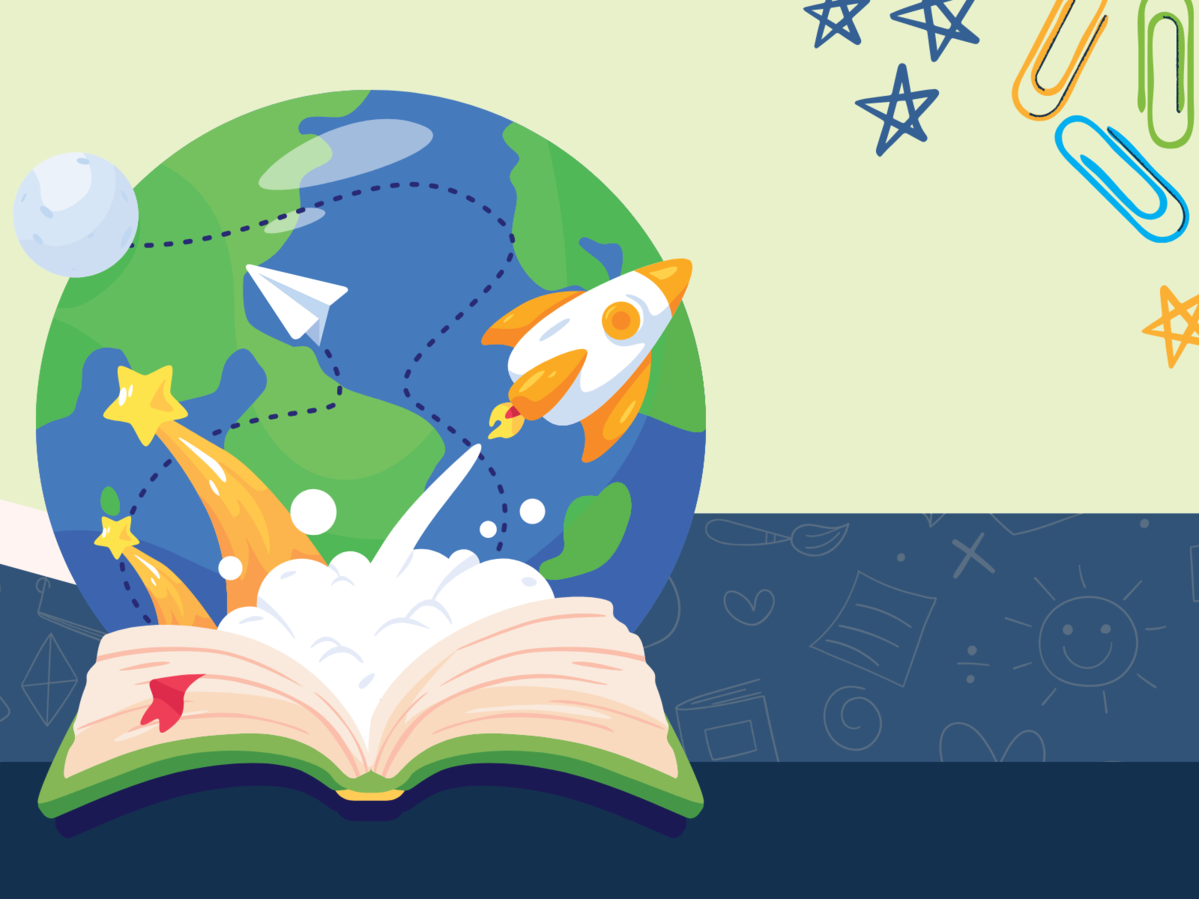 Graphic image of earth coming out of a book with a rocket. Stars, paper clips and other education related graphics are shown.